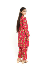 Plum 100% Cotton Lawn Reddish Pink Colour Printed White Mustard Green Flowers Embroidered White threads On Stitched 2 pc suit for Girls.