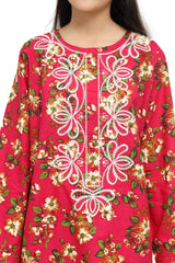 Plum 100% Cotton Lawn Reddish Pink Colour Printed White Mustard Green Flowers Embroidered White threads On Stitched 2 pc suit for Girls.