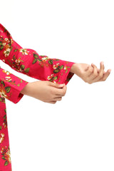 Plum 100% Cotton Lawn Reddish Pink Colour Printed White Mustard Green Flowers Embroidered White threads On Stitched 2 pc suit for Girls.