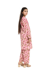 Plum 100% Cotton Lawn Pink Colour Printed Red Yellow Flowers Embroidered Dark Pink threads On Stitched 2 pc suit for Girls.