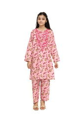 Plum 100% Cotton Lawn Pink Colour Printed Red Yellow Flowers Embroidered Dark Pink threads On Stitched 2 pc suit for Girls.