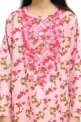 Plum 100% Cotton Lawn Pink Colour Printed Red Yellow Flowers Embroidered Dark Pink threads On Stitched 2 pc suit for Girls.