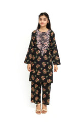 Plum 100% Cotton Lawn Black Colour Printed Pink Green Flowers Embroidered Pink threads On Stitched 2 pc suit for Girls.