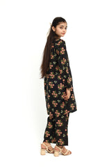 Plum 100% Cotton Lawn Black Colour Printed Pink Green Flowers Embroidered Pink threads On Stitched 2 pc suit for Girls.