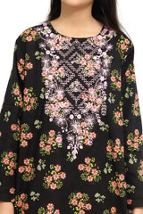 Plum 100% Cotton Lawn Black Colour Printed Pink Green Flowers Embroidered Pink threads On Stitched 2 pc suit for Girls.