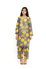Plum 100% Cotton Lawn Grey Colour Printed Yellow Flowers Embroidered Off White threads On Stitched 2 pc suit for Girls.