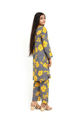 Plum 100% Cotton Lawn Grey Colour Printed Yellow Flowers Embroidered Off White threads On Stitched 2 pc suit for Girls.