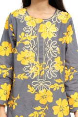 Plum 100% Cotton Lawn Grey Colour Printed Yellow Flowers Embroidered Off White threads On Stitched 2 pc suit for Girls.