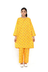 Plum Fine Doriya Lawn Bright Yellow Colour Printed Red Purple Flowers On 2 pc suit For Girls