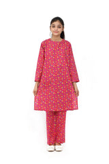 Plum Fine Doriya Lawn Reddish Pink Colour Printed Yellow Blue Flowers On 2 pc suit For Girls.