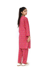 Plum Fine Doriya Lawn Reddish Pink Colour Printed Yellow Blue Flowers On 2 pc suit For Girls.