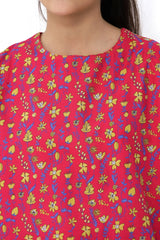 Plum Fine Doriya Lawn Reddish Pink Colour Printed Yellow Blue Flowers On 2 pc suit For Girls.