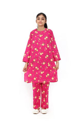 Plum Fine Doriya Lawn Pink Colour Printed Yellow Pink Flowers On 2 pc suit For Girls.