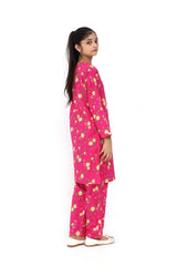 Plum Fine Doriya Lawn Pink Colour Printed Yellow Pink Flowers On 2 pc suit For Girls.