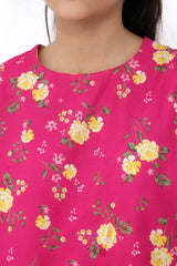 Plum Fine Doriya Lawn Pink Colour Printed Yellow Pink Flowers On 2 pc suit For Girls.