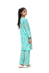 Plum Fine Doriya Lawn Light Turquoise Blue Colour Printed Orange Peach Roses On 2 pc suit For Girls