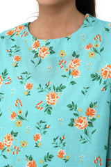 Plum Fine Doriya Lawn Light Turquoise Blue Colour Printed Orange Peach Roses On 2 pc suit For Girls