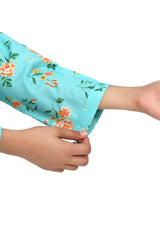 Plum Fine Doriya Lawn Light Turquoise Blue Colour Printed Orange Peach Roses On 2 pc suit For Girls