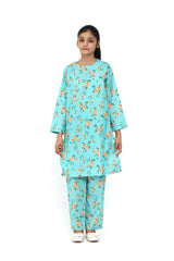 Plum Fine Doriya Lawn Light Turquoise Blue Colour Printed Orange Peach Roses On 2 pc suit For Girls