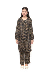 Plum Premium Marina Black  Colour Printed Golden Flowers On 2 pc Stitched suit For Girls