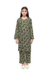 Plum Premium Marina Olive Green  Colour Printed Yellow White Flowers On 2 pc Stitched suit For Girls
