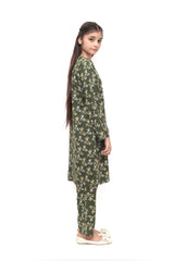 Plum Premium Marina Olive Green  Colour Printed Yellow White Flowers On 2 pc Stitched suit For Girls