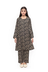 Plum Premium Marina Black Colour Printed Off White Flowers On 2 pc Stitched suit For Girls