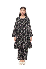 Plum Premium Marina Black Colour Printed Purple White Green Flowers On 2 pc Stitched suit For Girls