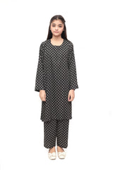 Plum Premium Marina Black Colour Printed White Motifz On 2 pc Stitched suit For Girls