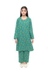 Plum Premium Marina Green Colour Printed Yellow White Flowers On 2 pc Stitched suit For Girls
