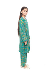 Plum Premium Marina Green Colour Printed Yellow White Flowers On 2 pc Stitched suit For Girls