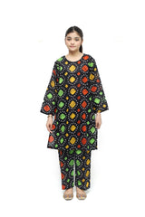 Plum Doriya Lawn Black Colour Printed Yellow Green Rust Patterns On 2 Pc stitched suit for Girls