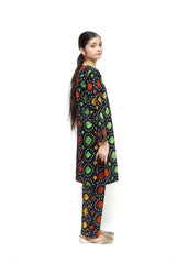Plum Doriya Lawn Black Colour Printed Yellow Green Rust Patterns On 2 Pc stitched suit for Girls