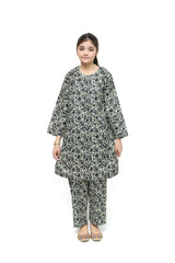 Plum Digital Lawn Light Green Color Printed Black Patterns On 2 Pc stitched suit for Girls