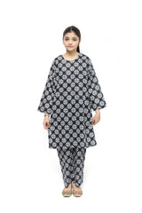 Plum Digital Lawn Black Color Printed White Patterns On 2 Pc stitched suit for Girls