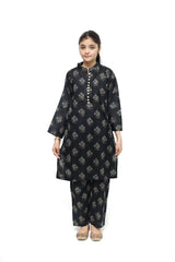 Plum Digital Lawn Black Colour Printed White & Olive Flowers with Fabric Loops & Buttons On 2 Pc stitched suit for Girls.