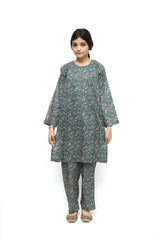 Plum Digital Lawn Green Colour Printed Beige Flowers On 2 Pc stitched suit for Girls.