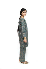 Plum Digital Lawn Green Colour Printed Beige Flowers On 2 Pc stitched suit for Girls.