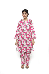 Plum Digital Lawn Pink Colour Printed Beige Green Flowers On 2 Pc stitched suit for Girls.