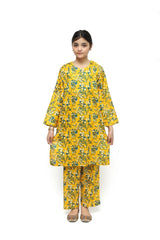 Plum Digital Lawn Yellow Colour Printed Green White Patterns On 2 Pc stitched suit for Girls.