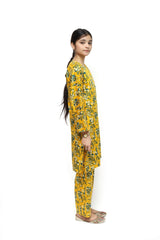 Plum Digital Lawn Yellow Colour Printed Green White Patterns On 2 Pc stitched suit for Girls.