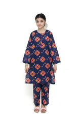 Plum Digital Lawn Dark Blue Pink Orange Yellow Patterns with Pink buttons On 2 Pc stitched suit for Girls.