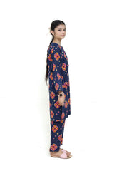 Plum Digital Lawn Dark Blue Pink Orange Yellow Patterns with Pink buttons On 2 Pc stitched suit for Girls.