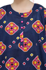 Plum Digital Lawn Dark Blue Pink Orange Yellow Patterns with Pink buttons On 2 Pc stitched suit for Girls.
