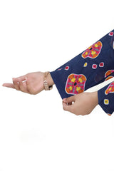 Plum Digital Lawn Dark Blue Pink Orange Yellow Patterns with Pink buttons On 2 Pc stitched suit for Girls.