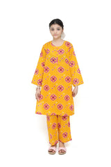 Plum Digital Lawn Yellow Colour Printed Pink Orange Patterns with Pink  buttons On 2 Pc stitched suit for Girls.