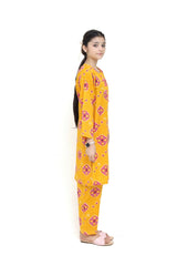 Plum Digital Lawn Yellow Colour Printed Pink Orange Patterns with Pink  buttons On 2 Pc stitched suit for Girls.