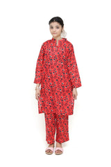 Plum Digital Lawn Reddish Orange Colour Printed Black Flowers On 2 Pc stitched suit for Girls.