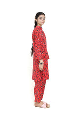 Plum Digital Lawn Reddish Orange Colour Printed Black Flowers On 2 Pc stitched suit for Girls.