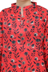 Plum Digital Lawn Reddish Orange Colour Printed Black Flowers On 2 Pc stitched suit for Girls.